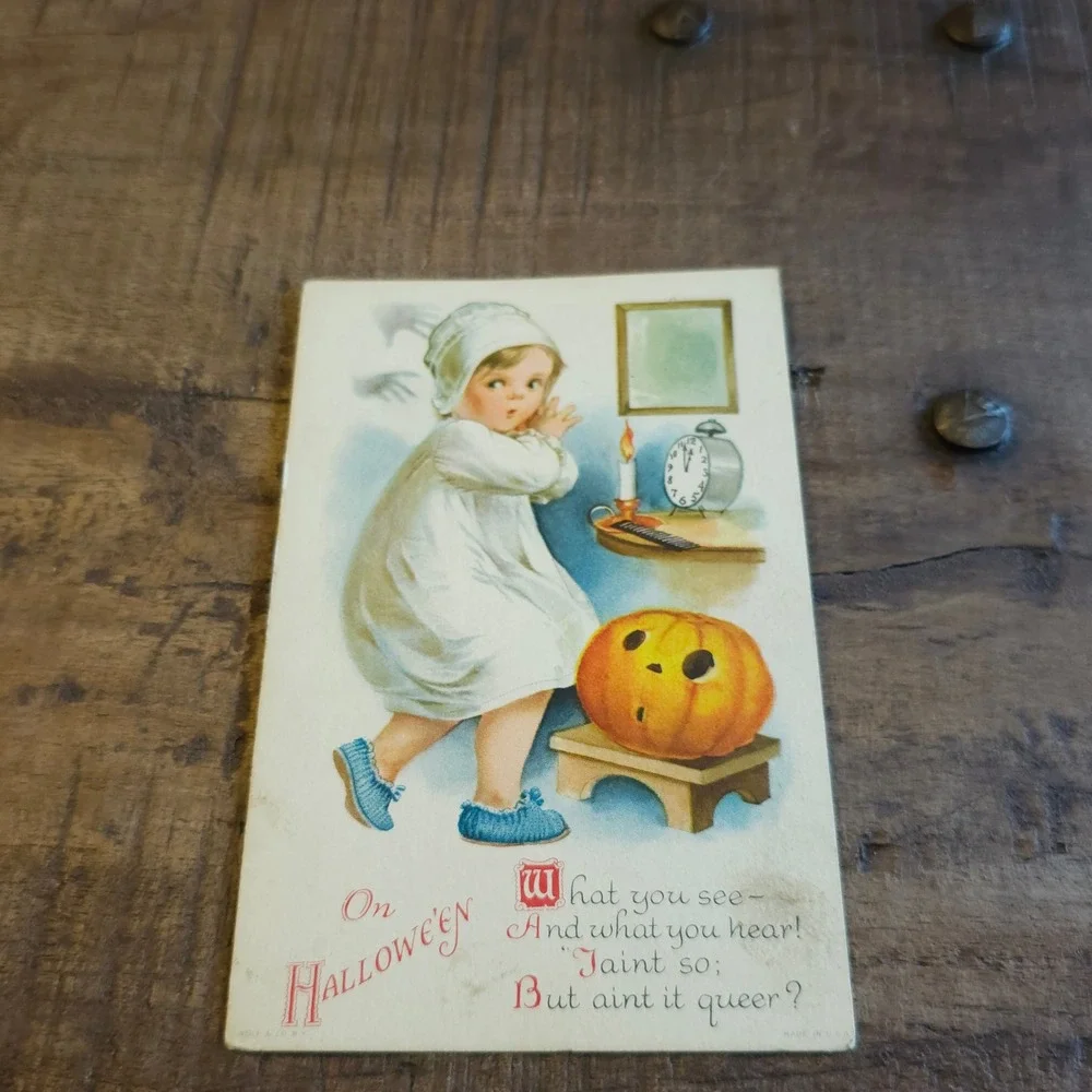 Antique Halloween Postcard Wolf & Co NY Child Ghost Pumpkin Poem Unposted 1910s